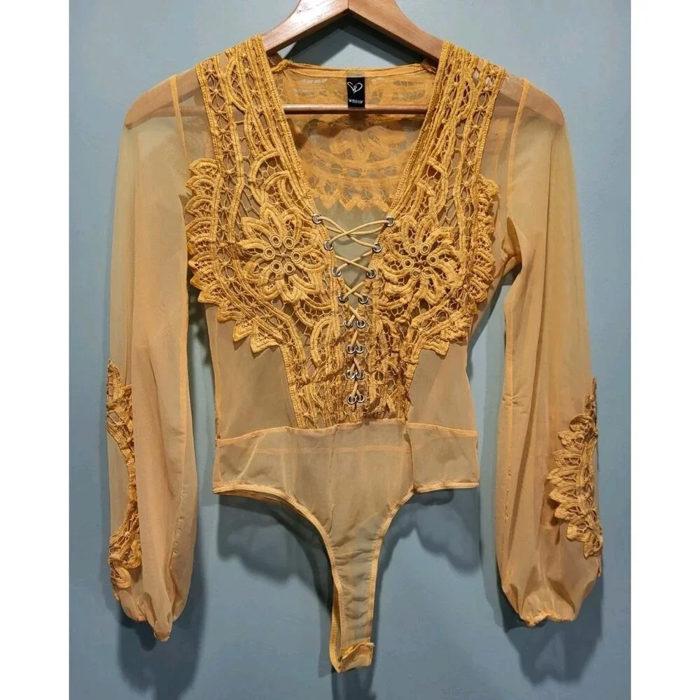 Sheer Yellow Lace Applique Long Puff Sleeve Lace Up Front Bodysuit Sz M